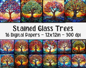 Gebrandschilderd glas bomen digitaal papier - kleurrijke boom gebrandschilderd glas achtergronden - 16 ontwerpen - 12 in x 12 in - commercieel gebruik - levensboom