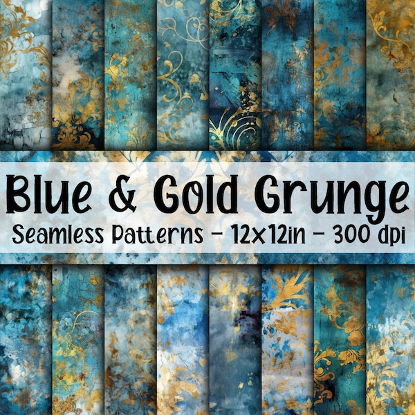 Blue and Gold Grunge SEAMLESS Patterns - Blue and Gold Damask Digital Paper - 16 Designs - 12x12in - Commercial Use - Blue and Gold Patterns