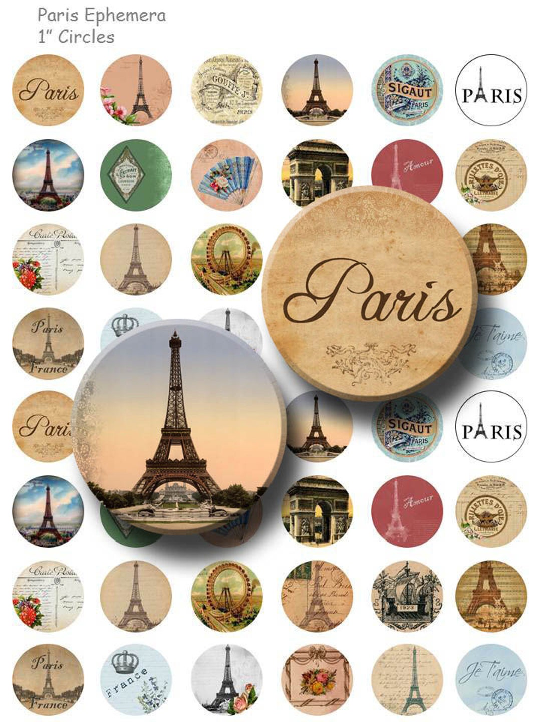 Paris Ephemera - Digital Collage Sheet - 1 Inch Round Circles - INSTANT ...