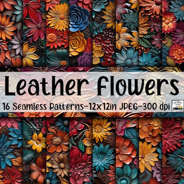 Leather Flowers SEAMLESS Patterns - Leather Flowers Digital Paper - 16 Designs - 12x12in - Commercial Use - Embossed Leather Flowers