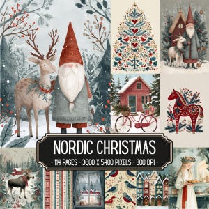 Nordiska digitala julpapper | 114 julsidor | Skandinavisk julfolkkonst | Junk Journal-bakgrunder | Direktnedladdning