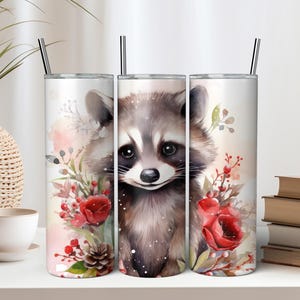 Baby Christmas Raccoon 20 oz Skinny Tumbler Sublimation Design - Instant Digital Download PNG - Cute Christmas Tumbler Wrap - Winter Tumbler