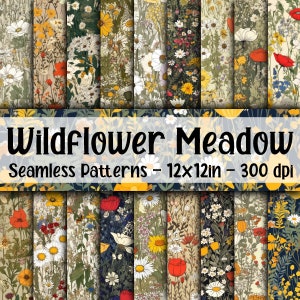 Wildflower Meadow SEAMLESS Patterns - Wildflower Meadow Digital Paper - 18 Designs - 12x12in - Commercial Use - Vintage Flowers Sublimation