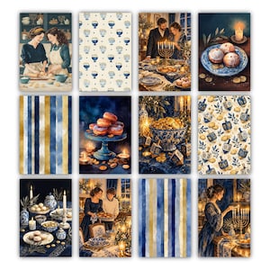 May include: A collection of twelve rectangular cards featuring Hanukkah-themed illustrations, including scenes of people preparing food, menorahs, dreidels, sufganiyot, blue and gold striped patterns, and festive table settings with candles.
