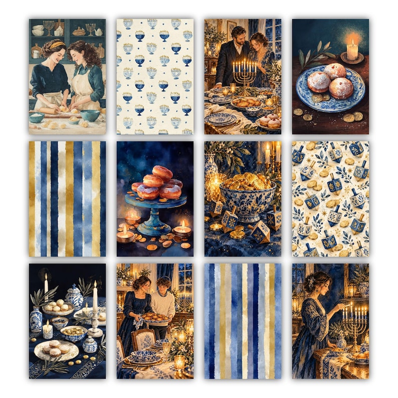 May include: A collection of twelve rectangular cards featuring Hanukkah-themed illustrations, including scenes of people preparing food, menorahs, dreidels, sufganiyot, blue and gold striped patterns, and festive table settings with candles.