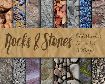 Rocks and Stones Digital Paper - Rock and Stone Textures - 16 Designs - 12in x 12in - Commercial Use - INSTANT DOWNLOAD