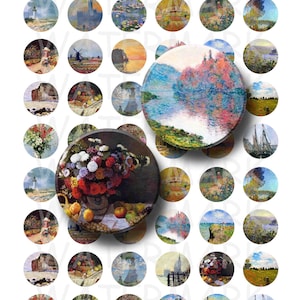 Claude Monet Paintings Digital Collage Sheet 1 inch Round Circles INSTANT DOWNLOAD image 1
