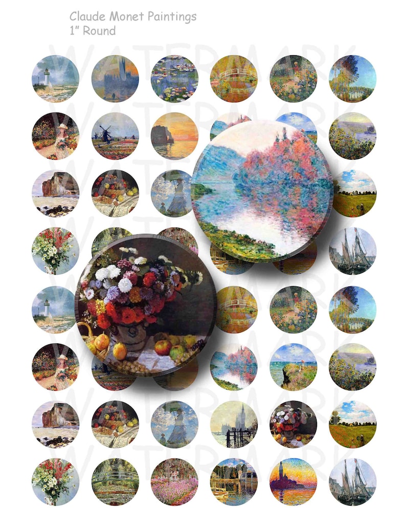 Claude Monet Paintings Digital Collage Sheet 1 inch Round Circles INSTANT DOWNLOAD image 1