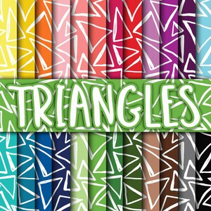 May include: A collection of 20 digital paper patterns featuring white hand-drawn triangles on various colored backgrounds. The word "TRIANGLES" is written in white letters on a green background.