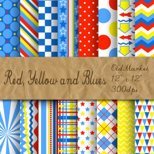 Red, Yellow and Blues Digital Paper - Digital Paper Pack - 16 Designs - 12in x 12in - Commercial Use - INSTANT DOWNLOAD