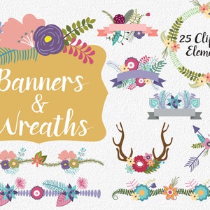 Floral Banners and Wreaths - Wedding Flowers Clip Art - Commercial Use Vector Clipart - 25 Images in PNG and EPS format  - INSTaNT DOWNLoAd