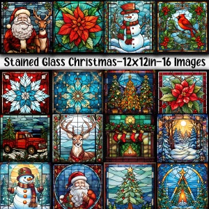 Papiers numériques de Noël en vitrail - arrière-plans de vitraux de Noël - 16 modèles - 12 po x 12 po - usage commercial - papiers de Noël