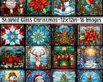 Stained Glass Christmas Digital Papers - Christmas Stained Glass Backgrounds - 16 Designs - 12in x 12in - Commercial Use - Christmas Papers