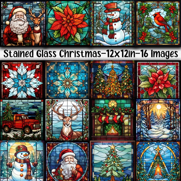 Stained Glass Christmas Digital Papers - Christmas Stained Glass Backgrounds - 16 Designs - 12in x 12in - Commercial Use - Christmas Papers