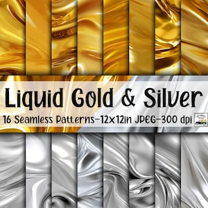 Flüssiges Gold und Silber SEAMLESS Muster - Glänzendes Silber und Gold Digital Papier - 16 Designs - 12 x 12 Zoll - Kommerzielle Nutzung