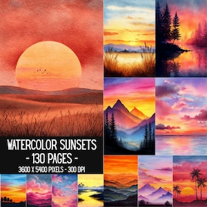 May include: A collection of watercolor sunset illustrations featuring 130 pages with 3600 x 5400 pixels at 300 DPI. The images display various landscapes including mountains, forests, palm trees, and bodies of water under vibrant orange, pink, and purple skies.