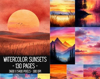 May include: A collection of watercolor sunset illustrations featuring 130 pages with 3600 x 5400 pixels at 300 DPI. The images display various landscapes including mountains, forests, palm trees, and bodies of water under vibrant orange, pink, and purple skies.