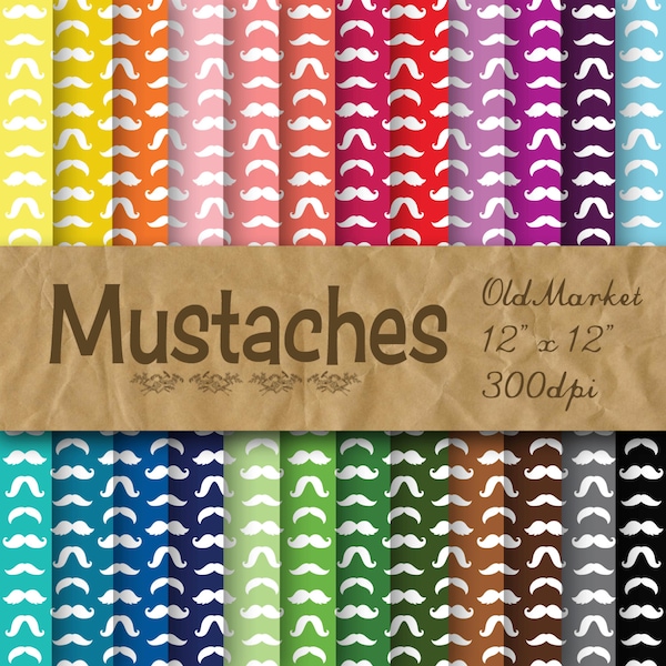 Mustaches Digital Paper - Colorful Mustache Digital Backgrounds -  24 Colors - 12in x 12in - Commercial Use -  INSTANT DOWNLOAD