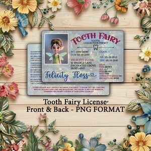 May include: A Tooth Fairy License featuring a cartoon fairy illustration. The license has a pink and blue background with glitter accents. The license includes the fairy's name, Felicity Floss, and her ID number, 1598726485. The license also includes the fairy's date of birth, 05-10-2005, and her issue and expiration dates.