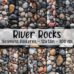 Patrones sin costuras de rocas de río - Papel digital de rocas de río - 16 diseños - 12 x 12 pulgadas - Uso comercial - Texturas de rocas y piedras