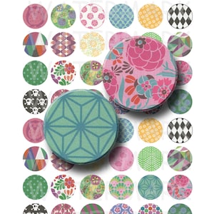 Könnte beinhalten: Eine Sammlung von 36 runden bedruckten Papierkreisen mit einem Durchmesser von 2,5 cm mit verschiedenen bunten Mustern, darunter florale, geometrische und abstrakte Designs. Eklektische Farben Kollektion 2,5 cm Durchmesser.