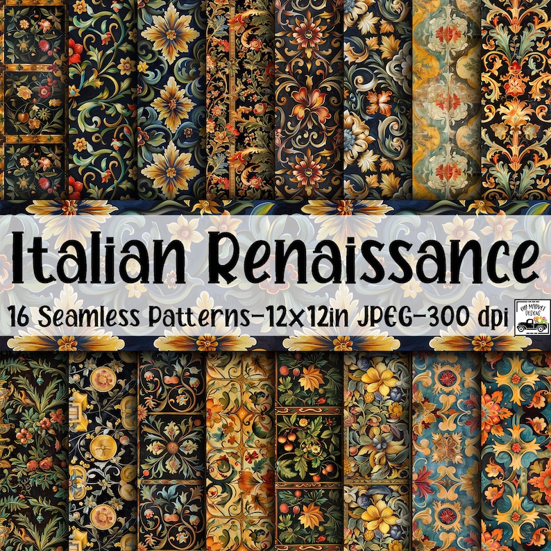May include: 16 seamless digital paper patterns in a dark blue, gold, and red colour scheme with intricate floral and geometric designs inspired by the Italian Renaissance. The patterns are 12x12 inches and 300 dpi.