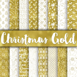 Papel digital dorado navideño - Fondos navideños dorados y blancos - 16 diseños - 12 x 12 pulgadas - Uso comercial - Descarga instantánea