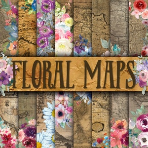 Florale Landkarten Digitales Papier - Aquarell Blume und alte Landkarten Hintergründe - 16 Designs - 12x12in - Kommerzielle Nutzung - Florale Sublimation
