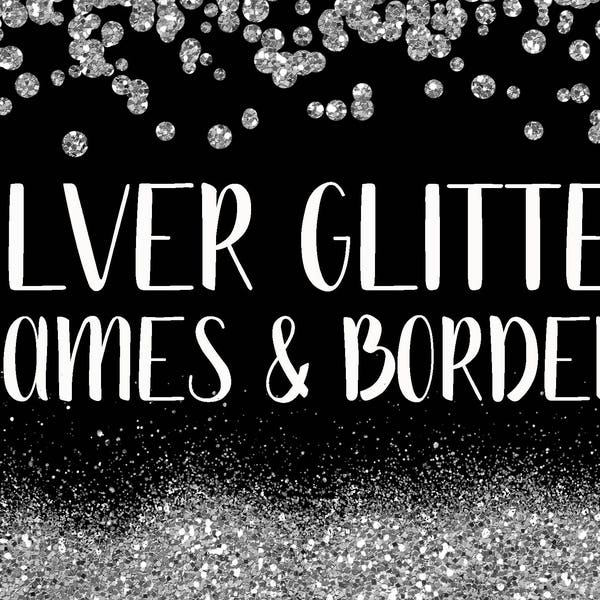 Silver Glitter Frames and Borders PNG Overlay Clipart Bundle - Includes 64 Silver Glitter squares, circles, borders and more!