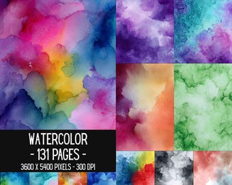 May include: A digital collection of 131 watercolor background pages featuring vibrant, blended color gradients in shades of pink, blue, yellow, purple, green, and gray. The text WATERCOLOR - 131 PAGES - 3600 X 5400 PIXELS - 300 DPI is visible.