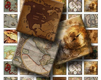 Antique Maps - Digital Collage Sheet  - 1 inch (1 x 1)  - INSTANT DOWNLOAD