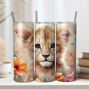 Baby Lion and Flowers 20 oz Skinny Tumbler Sublimation Design - Instant Digital Download PNG - Tumbler Wrap - Animal Tumbler