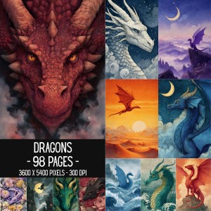 Pode incluir: Uma coleção digital de 98 páginas com ilustrações de dragões, com o texto DRAGONS - 98 PAGES - 3600 X 5400 PIXELS - 300 DPI. As imagens mostram vários dragões nas cores vermelho, branco, azul, verde e laranja em diversas paisagens.