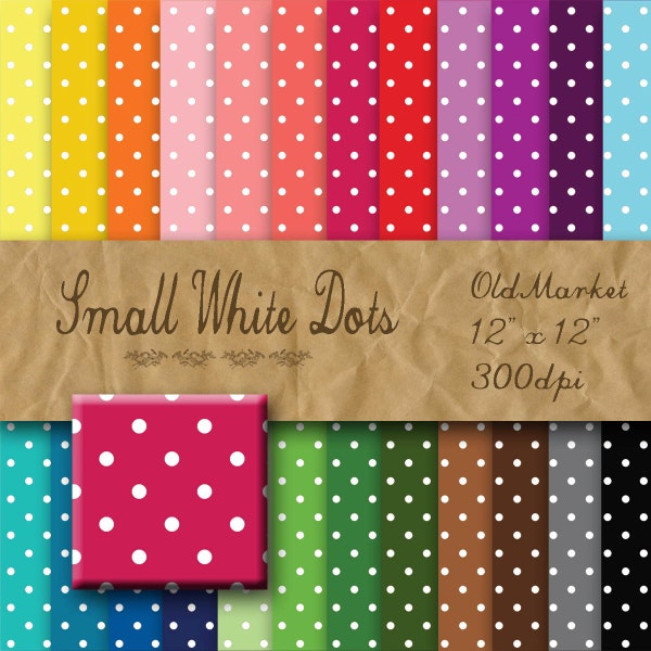 Small White Polka Dots Digital Paper - Colorful Polka Dot Backgrounds -  24 Colors - 12in x 12in - Commercial Use -  INSTANT DOWNLOAD