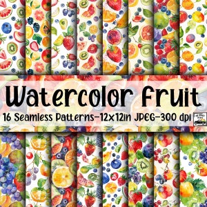 Motifs transparents aquarelle de fruits - papier numérique de fruits - 16 modèles - 30,5 x 30,5 cm - usage commercial - motifs de fruits aquarelle