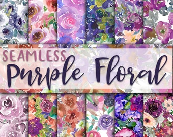 Purple Floral Digital Paper - SEAMLESS - Purple Watercolor Flower Patterns -  12 Designs - 12x12in - Commercial Use - Floral Sublimation