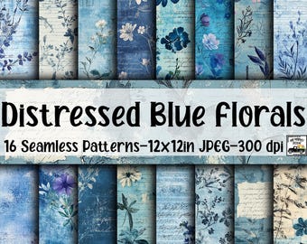Distressed Blue Florals SEAMLESS Patterns - Blue Flower Ephemera Digital Paper - 16 Designs - 12x12in - Commercial Use