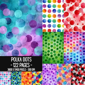 Watercolor Polka Dot Digital Papers | 122 Printable Colorful Dot Backgrounds | Polka Dot Patterns | Junk Journal Pages | Instant Download