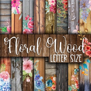 Papel digital con motivos florales de madera, tamaño carta, fondos de acuarela con flores, 16 diseños, 8,5 x 11 pulgadas, uso comercial, sublimación