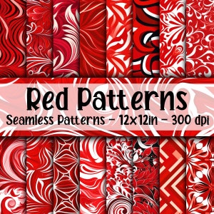Patrones sin costuras en rojo - Papel digital en tonos rojos - 16 diseños - 12 x 12 pulgadas - Uso comercial - Diseños de patrones en rojo