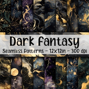 Könnte beinhalten: Ein Set mit 12 digitalen nahtlosen Mustern mit dunklen Hintergründen, goldenen Wirbeln, Sternen und abstrakten Formen. Die Muster sind 30,5 x 30,5 cm groß und haben eine Auflösung von 300 dpi. "Dark Fantasy" steht in der Mitte des Bildes.