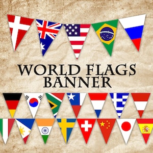 May include: A banner of triangular flags featuring various world flags, including the United States, Brazil, and Japan, against a textured background. The text "WORLD FLAGS BANNER" is displayed in bold, black letters.
