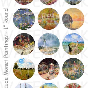 May include: A set of 12 round stickers featuring famous paintings by Claude Monet. The stickers are 1 inch in diameter and feature a variety of Monet's most iconic works, including Water Lilies, The Japanese Bridge, and The Houses of Parliament.