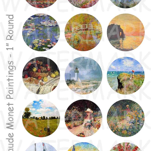 Claude Monet Paintings - 4 x 6 Digital Collage Sheet  - 1 inch Round Circles - INSTANT DOWNLOAD