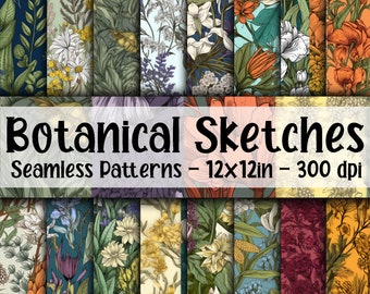 Botanical Sketches SEAMLESS Patterns - Vintage Flowers Digital Paper - 16 Designs - 12x12in - Commercial Use - Flower Sketches