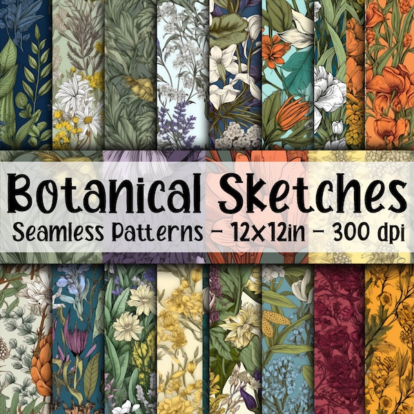 Botanical Sketches SEAMLESS Patterns - Vintage Flowers Digital Paper - 16 Designs - 12x12in - Commercial Use - Flower Sketches