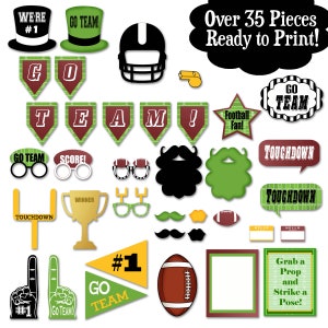 May include: A set of 35 printable football party photo booth props. The props include a variety of football-themed items, such as football helmets, footballs, mustaches, glasses, and signs with phrases like "Go Team!" and "Touchdown!"