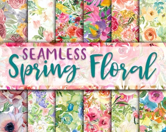 Spring Floral Digital Paper - SEAMLESS - Spring Watercolor Flower Patterns -  12 Designs - 12x12in - Commercial Use - Floral Sublimation