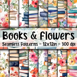 Boeken en bloemen NAADLOZE patronen - aquarelboeken en bloemen digitaal papier - 16 ontwerpen - 12 x 12 in - commercieel gebruik - bloemenboeken