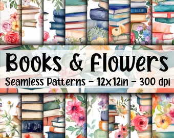 May include: A set of 12 digital seamless patterns featuring watercolor illustrations of books and flowers. The patterns are 12x12 inches and 300 dpi.